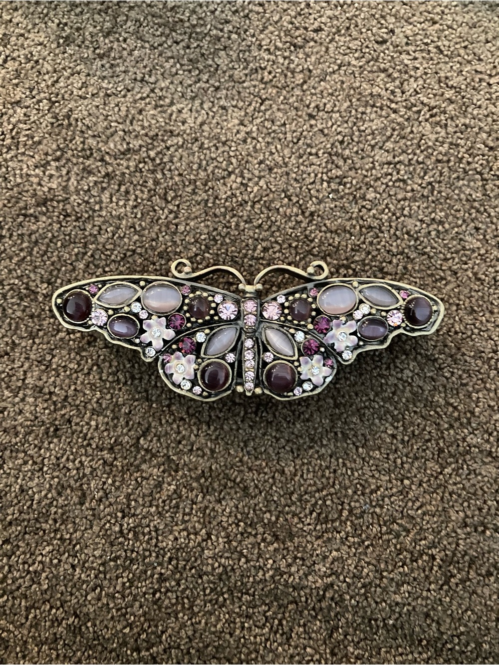 Ornate Butterfly Brooch/trinket box.  with Purple and pale pink stones.